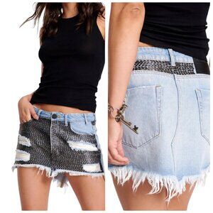 One Teaspoon Junkyard Mini Skirt Beaded Distressed Denim NWT 26